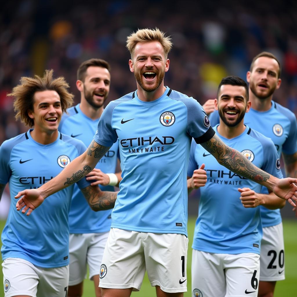 Haaland and his Manchester City teammates celebrating a goal