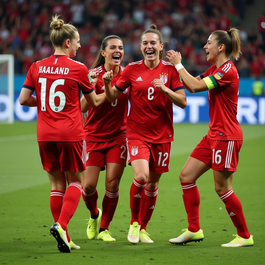 Haaland celebrating a goal with his teammates at the World Cup