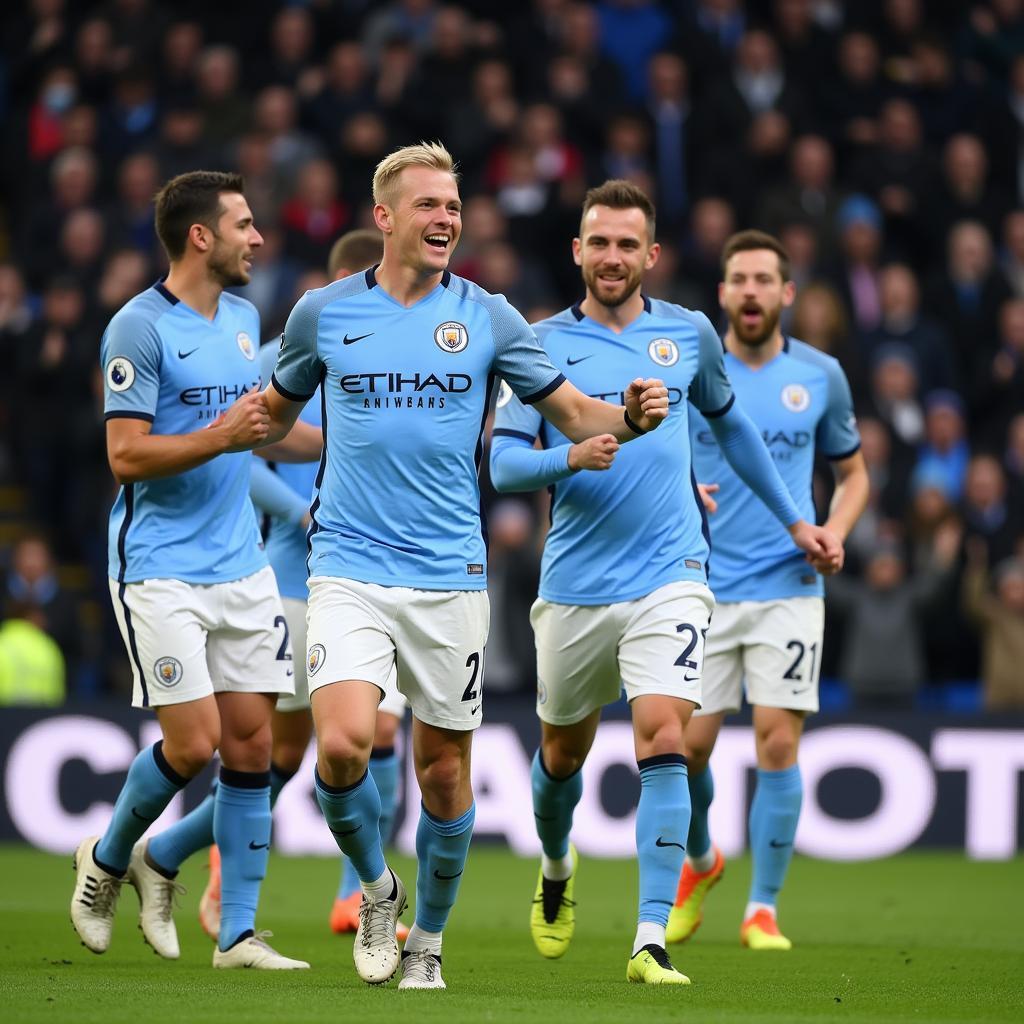 Erling Haaland celebrating a goal with his Manchester City teammates