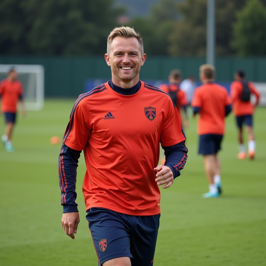 Erling Haaland back in training, smiling confidently.