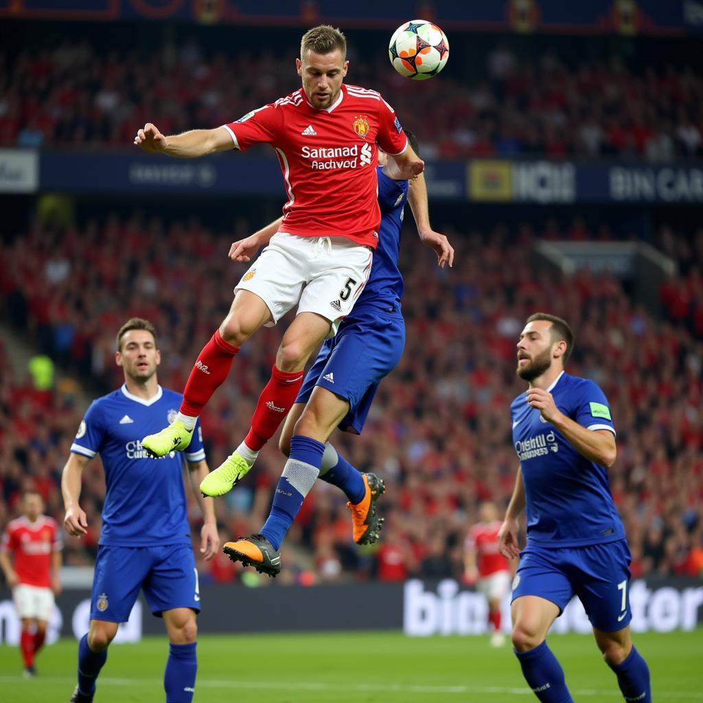 Haaland scores a powerful header in a Champions League match