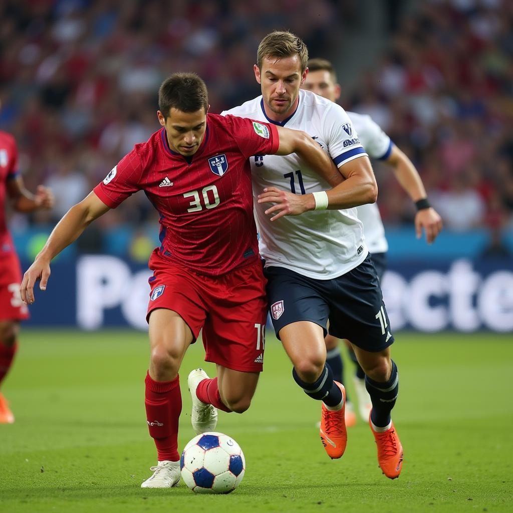 Erling Haaland displays his physical dominance, outmuscling a defender.