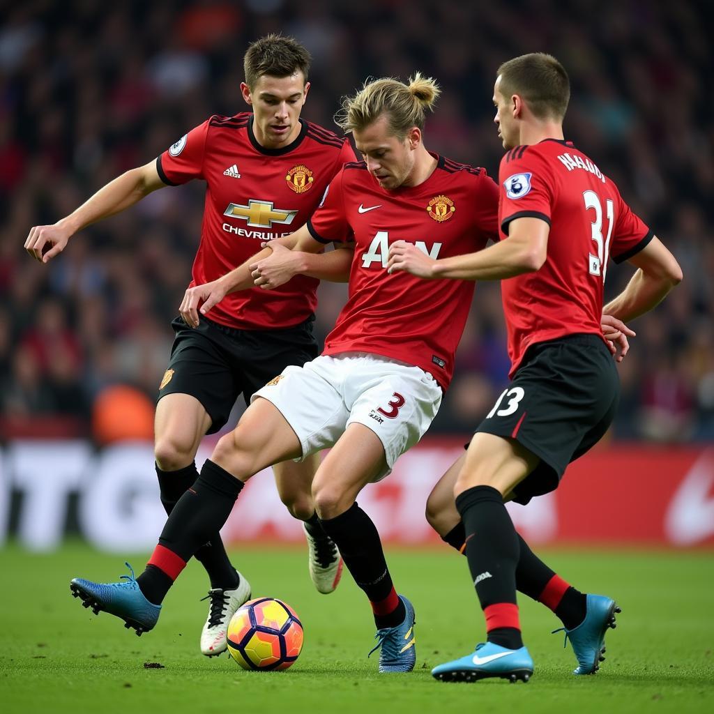 Haaland battles for possession against Manchester United defenders