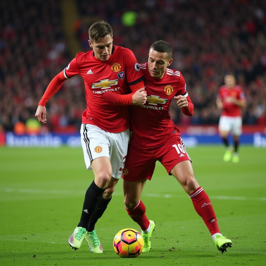 Haaland battles for possession with a Manchester United defender