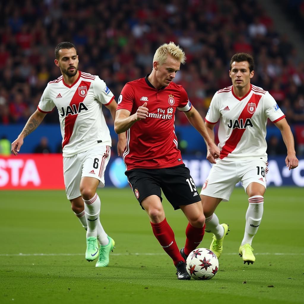 Erling Haaland battling with Ajax defenders in a Champions League match