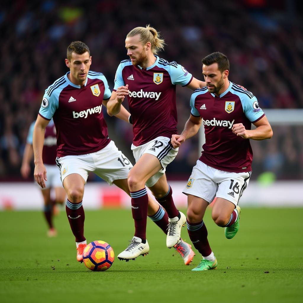 Haaland outmuscles Burnley defenders to score a goal.