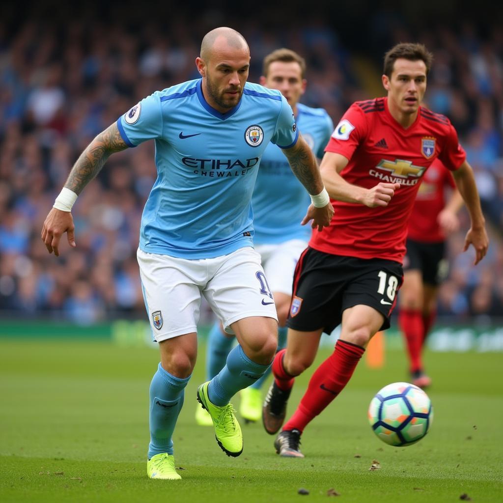 Erling Haaland powers past defenders in a Premier League match.