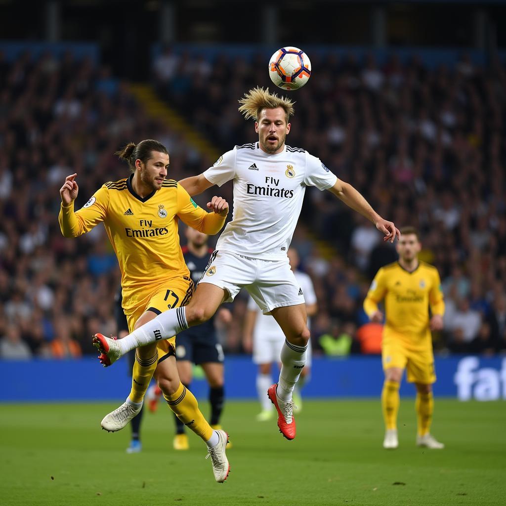 Haaland challenges a Real Madrid defender for the ball