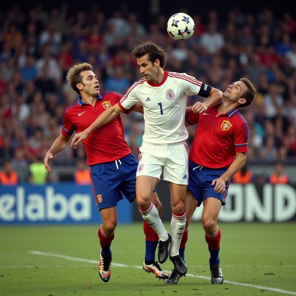 Erling Haaland battles for possession against Spanish defenders. 