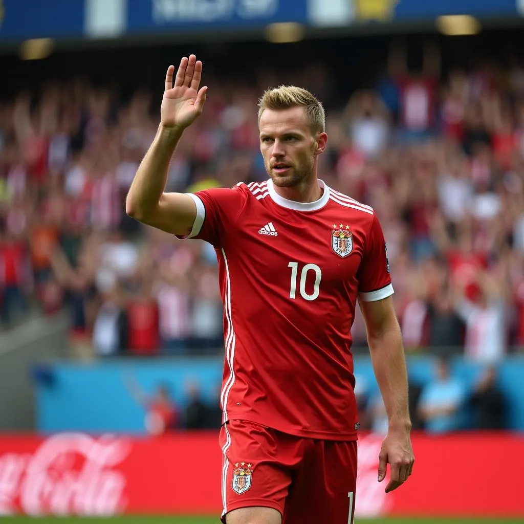 Haaland performs his signature wave goodbye celebration after scoring a goal.