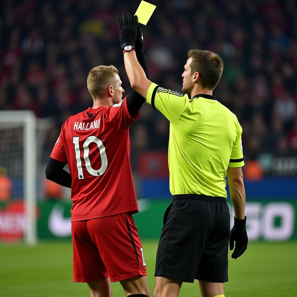 Erling Haaland receiving a yellow card from the referee