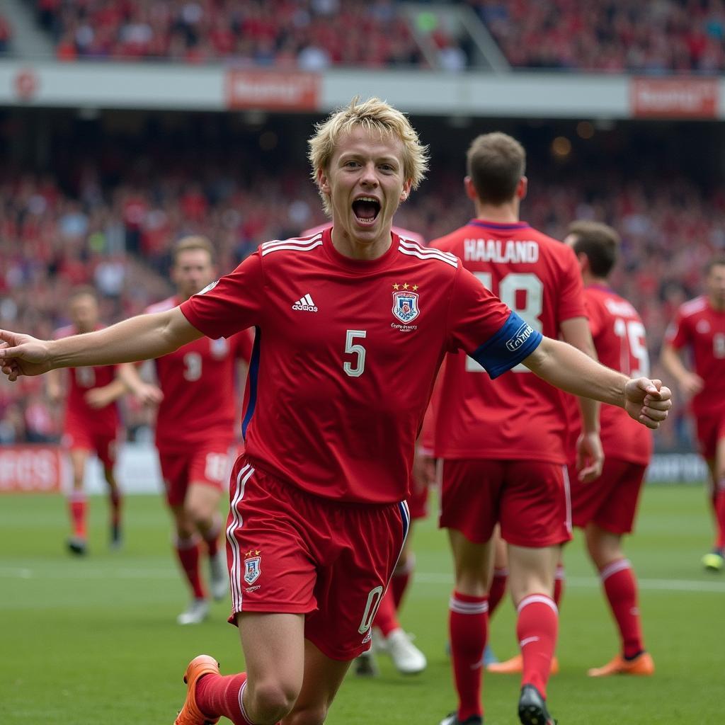 Haaland celebrating a goal for Norway's youth team