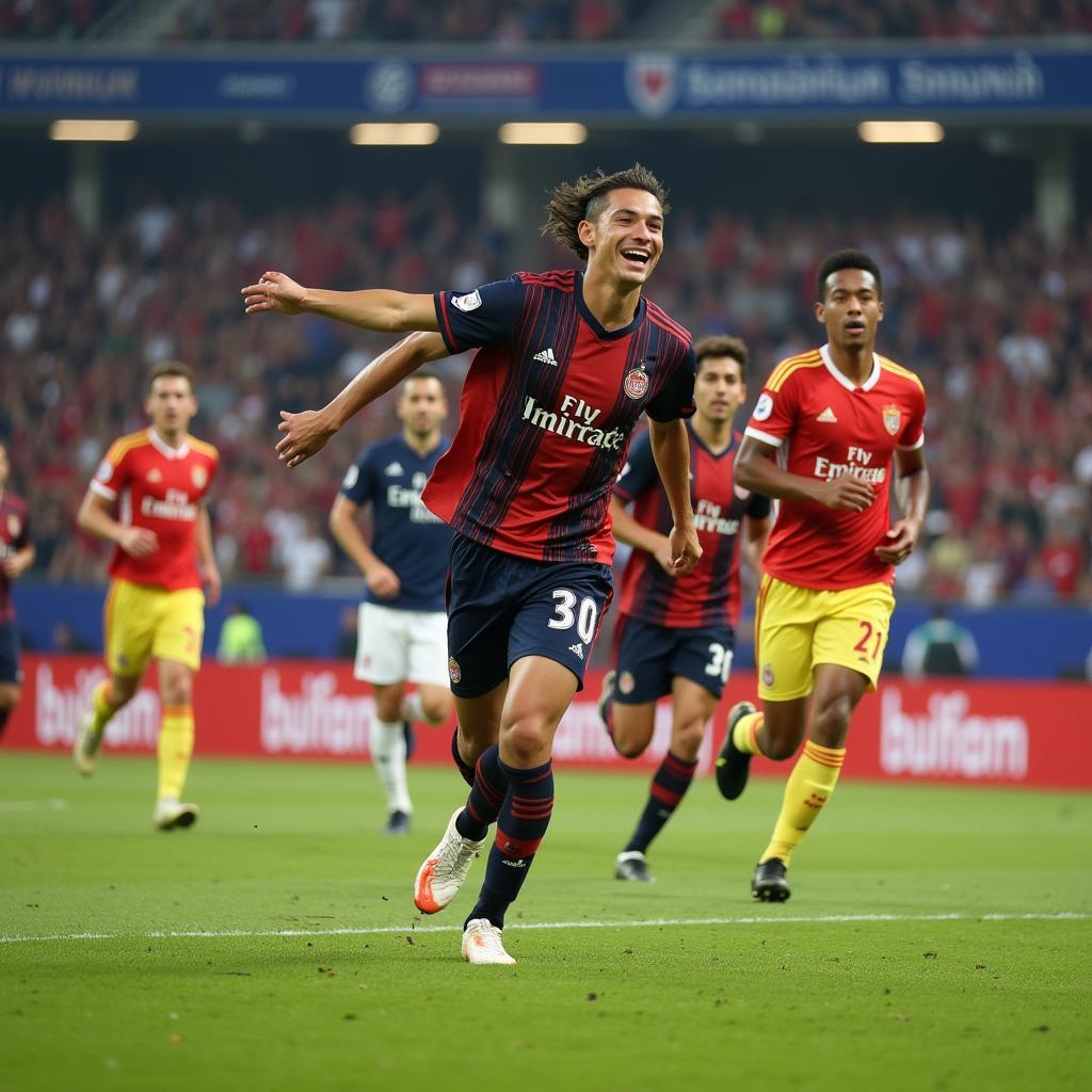 Hanoi FC striker celebrating a goal with teammates