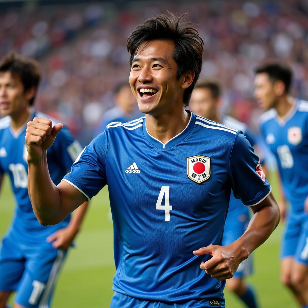 Genki Haraguchi celebrates a goal for Japan