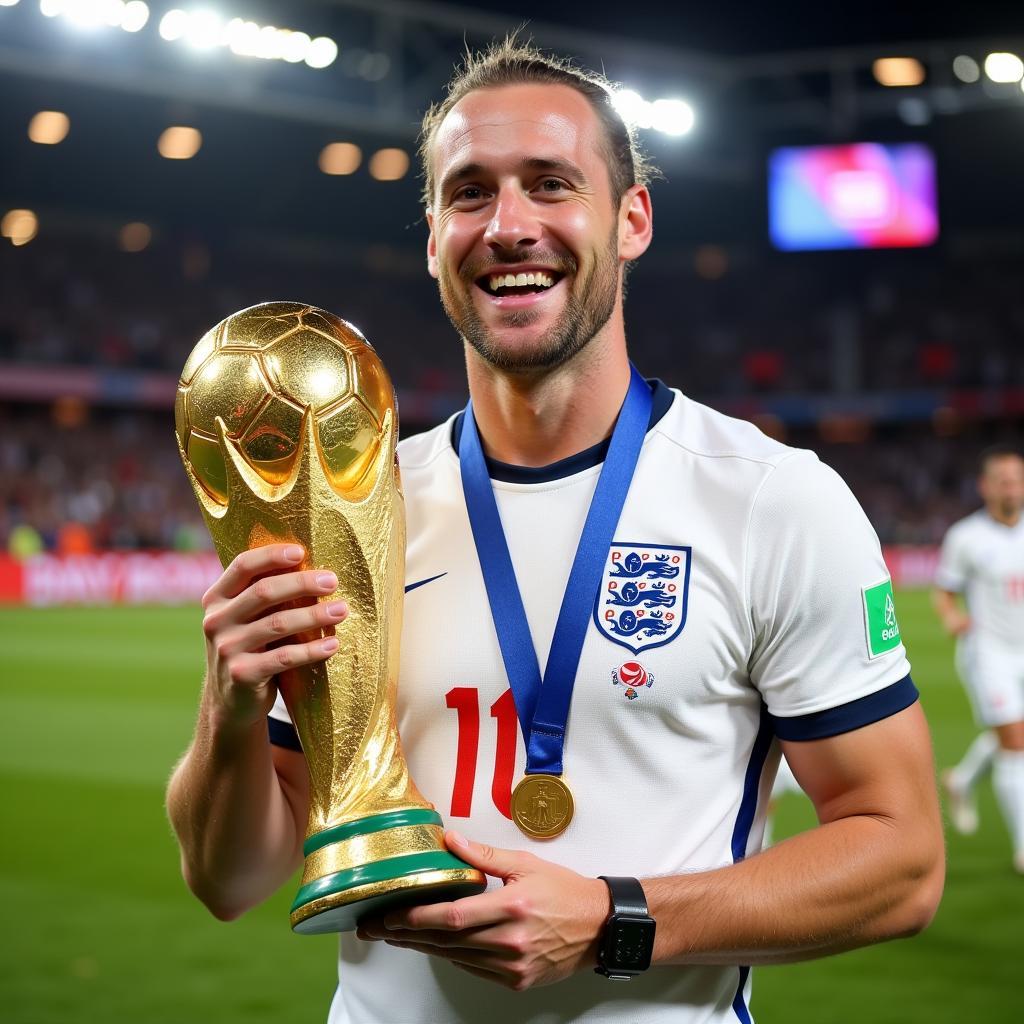 Harry Kane holding the Golden Boot at the 2018 World Cup