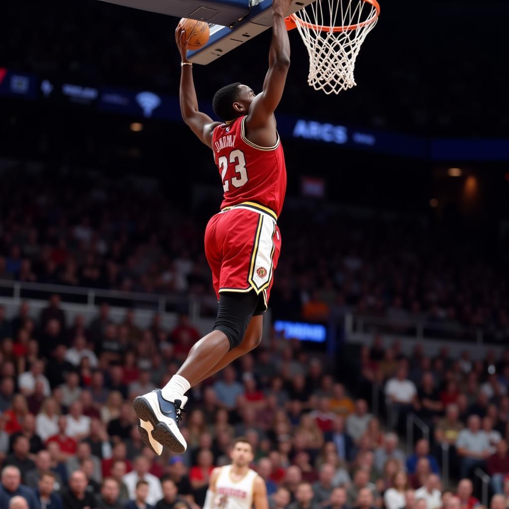 Basketball player soaring for a dunk