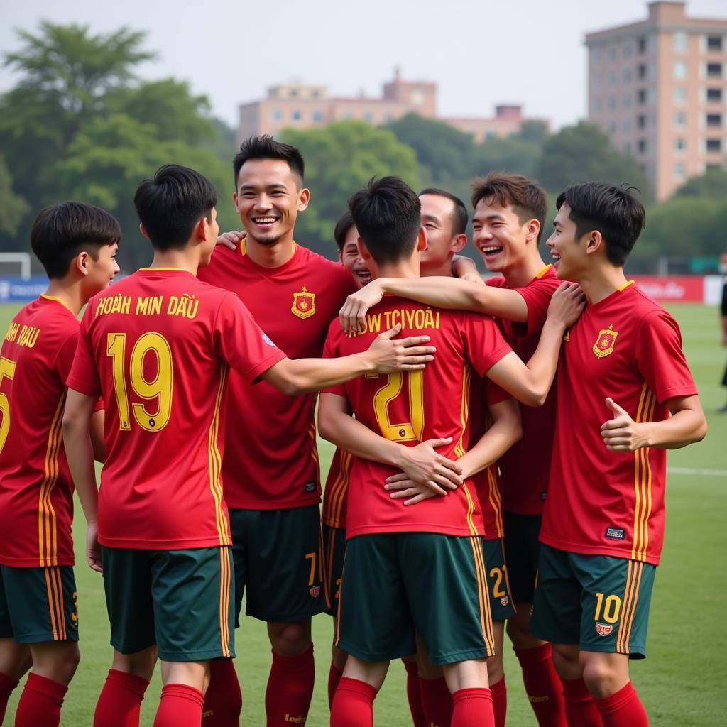 Hồ Minh Dĩ celebrating a goal with his teammates