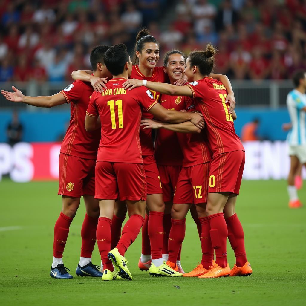 Ho Thanh Cang celebrating a goal with his teammates