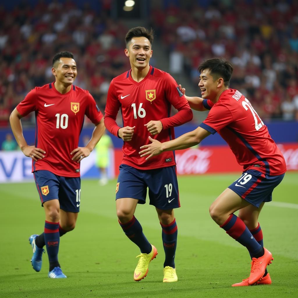 Hoàng Đức celebrates a goal with his U23 teammates