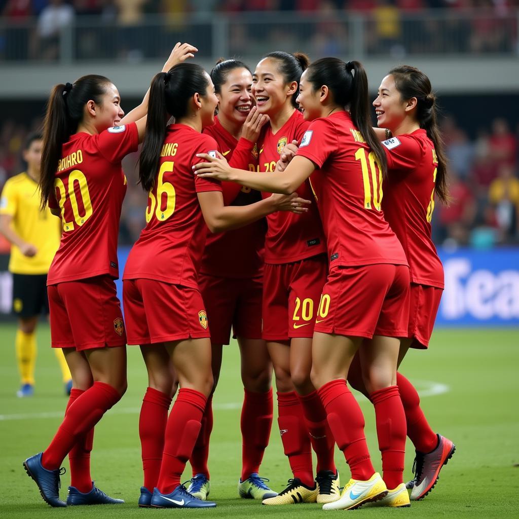 Hoang Thi Loan celebrates a victory with her teammates