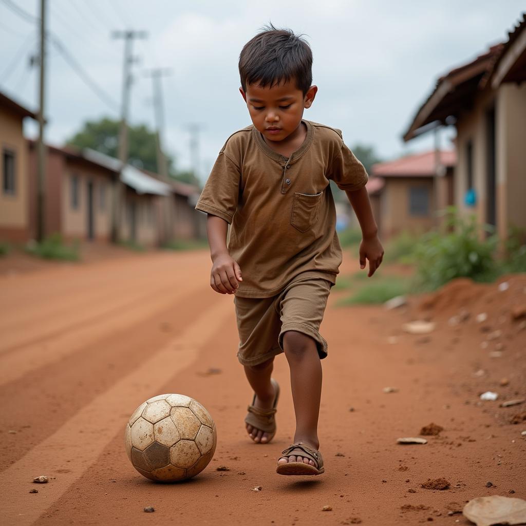 Young boy playing football on a dirt pitch