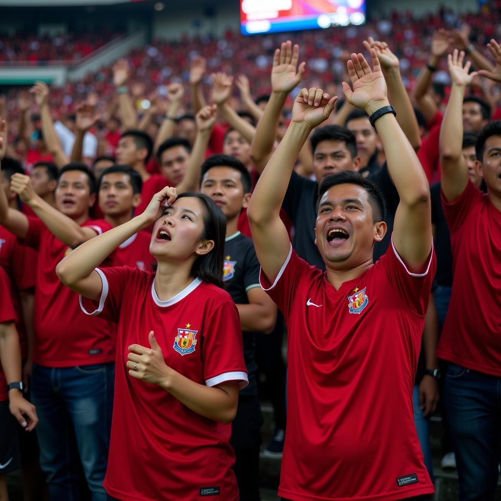 Indonesian football fans react to a match