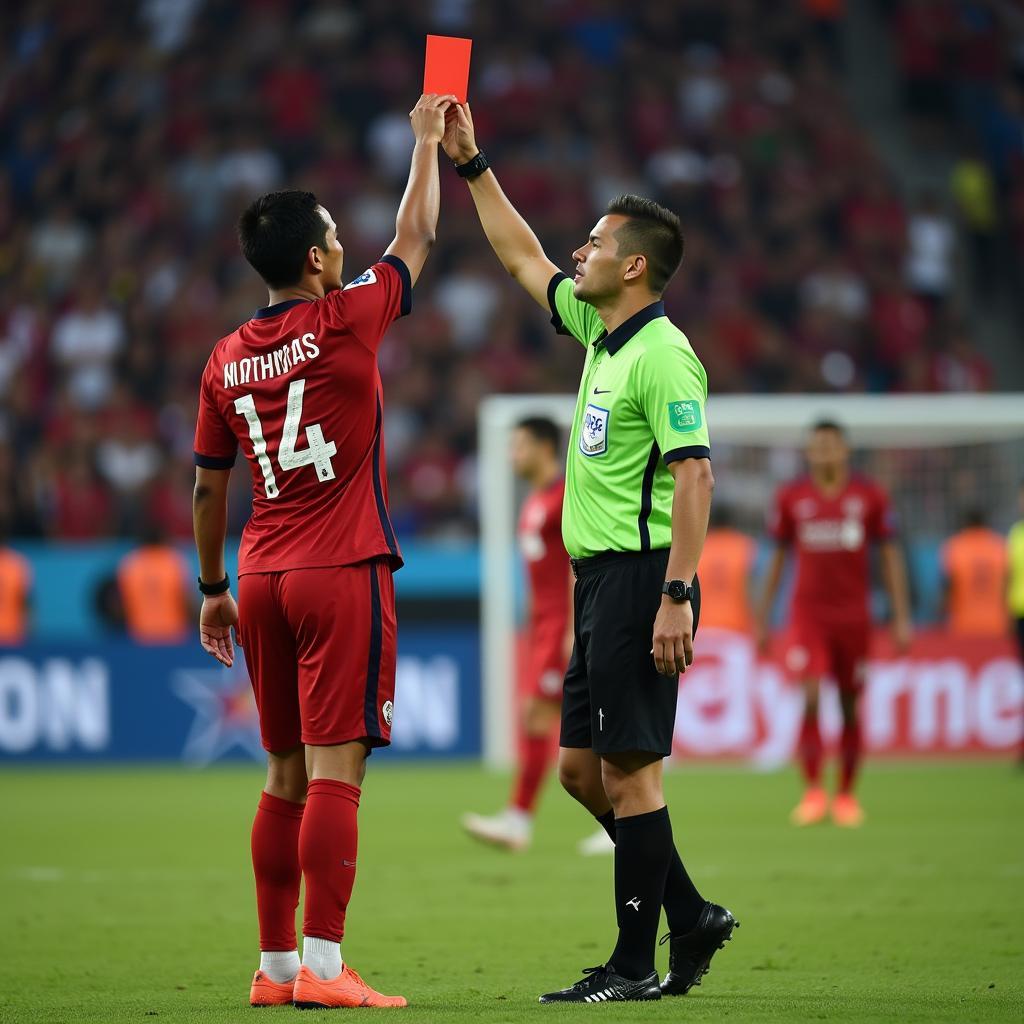 Indonesian football player being shown a red card