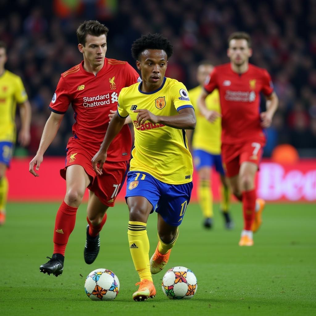 Jadon Sancho dribbling past defenders in a Borussia Dortmund jersey