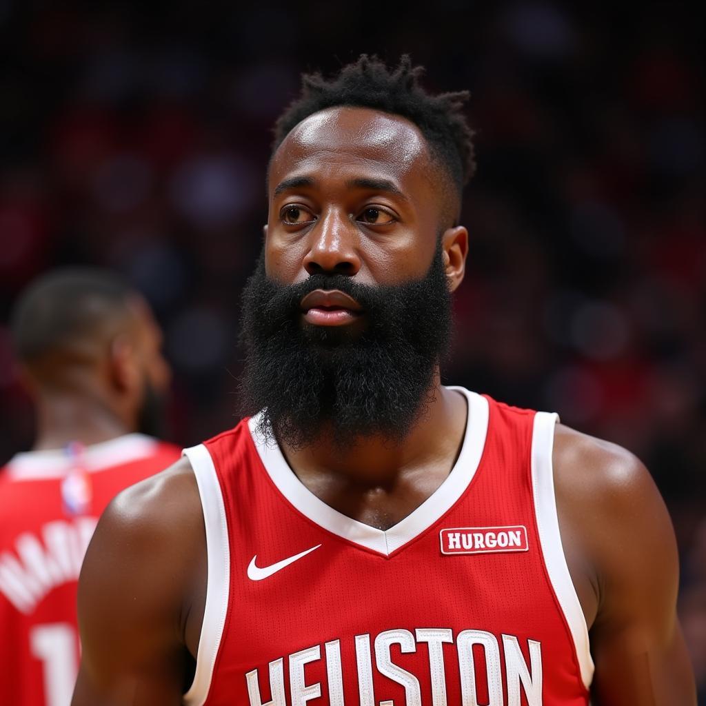 James Harden looking visibly frustrated during a playoff game.