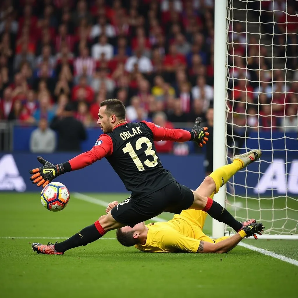 Jan Oblak making a crucial save for Atletico Madrid