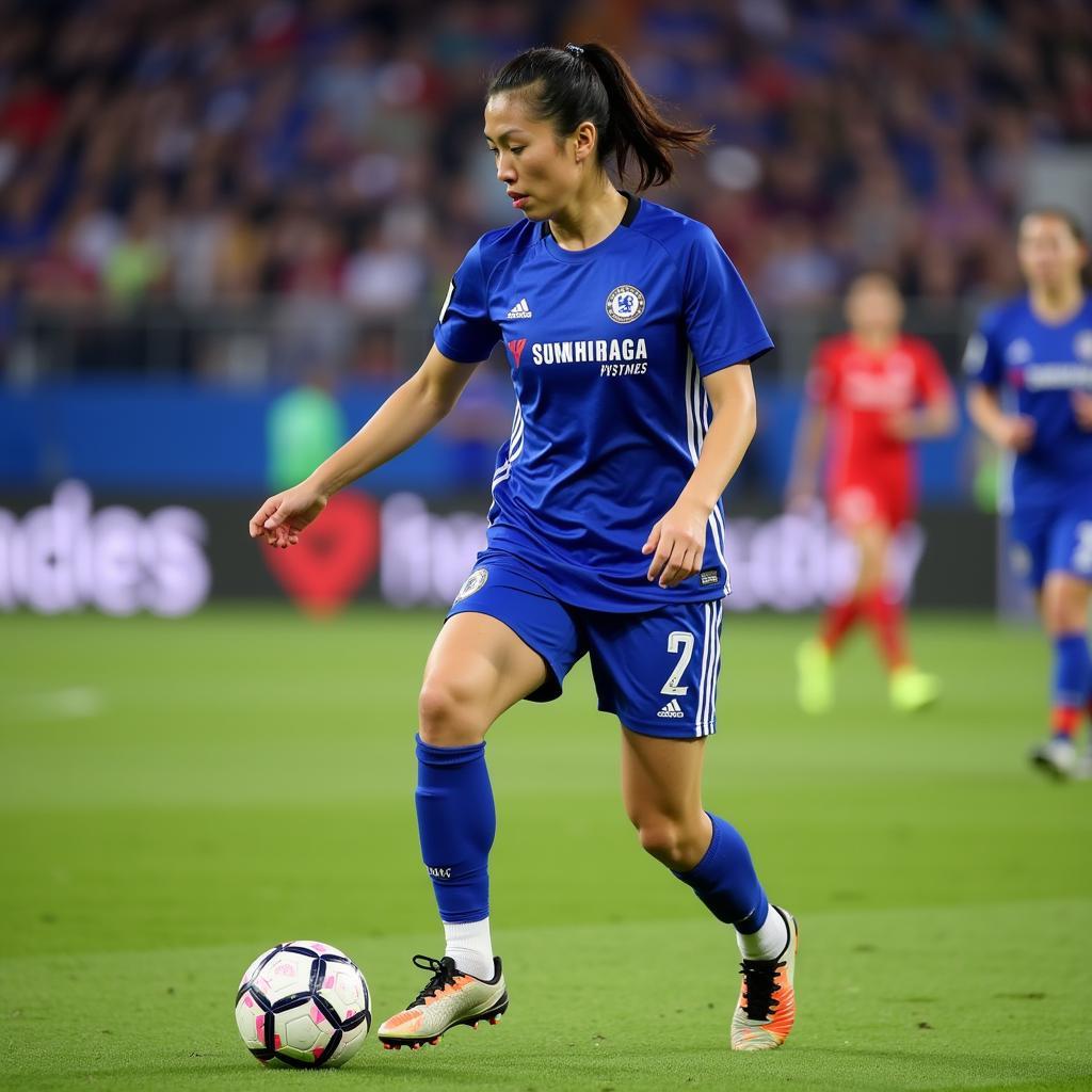 Ji So-yun, a renowned South Korean footballer, in action for Chelsea FC Women