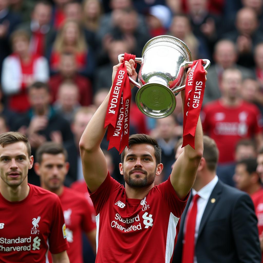 Jordan Henderson, Liverpool's captain, lifts a trophy, demonstrating his leadership qualities.