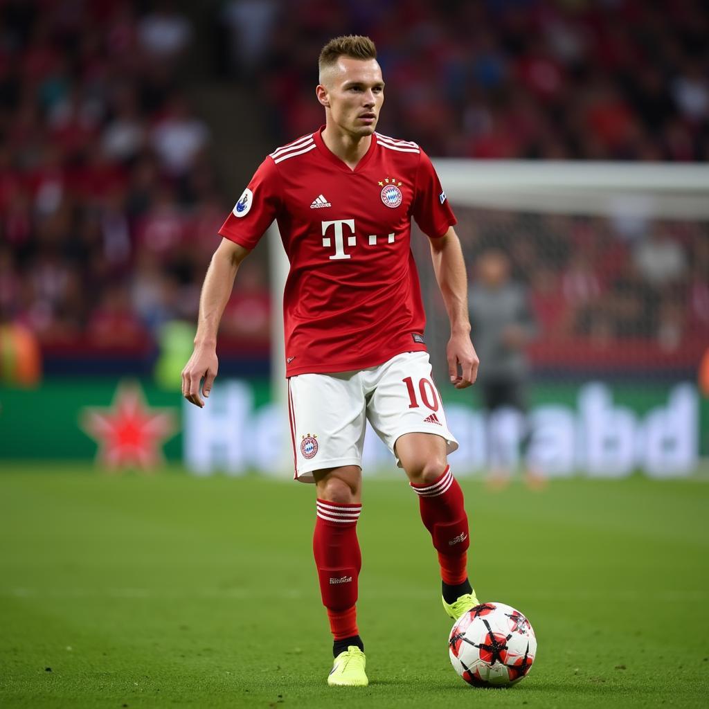 Joshua Kimmich dictating play from midfield for Bayern Munich.