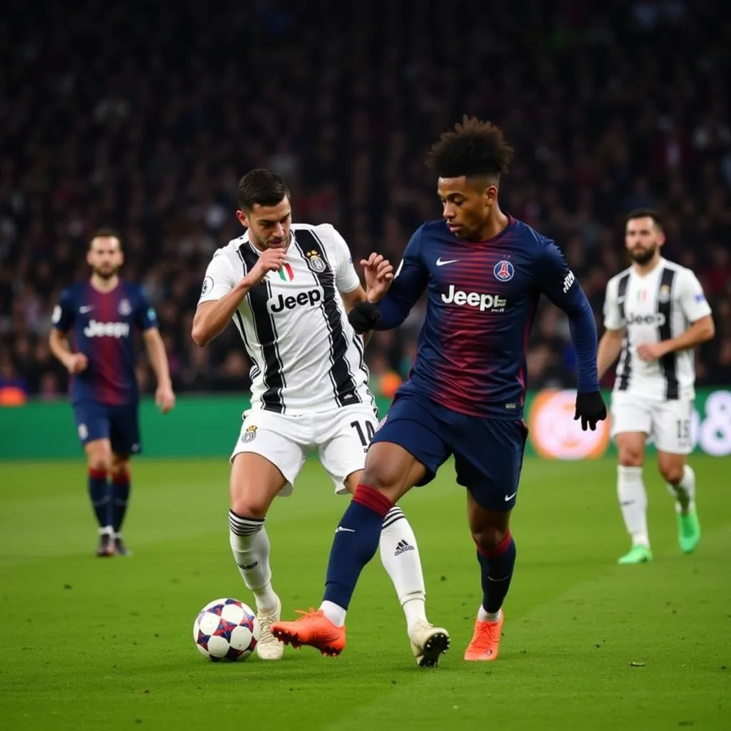 Juventus and PSG Players in a Heated Champions League Match