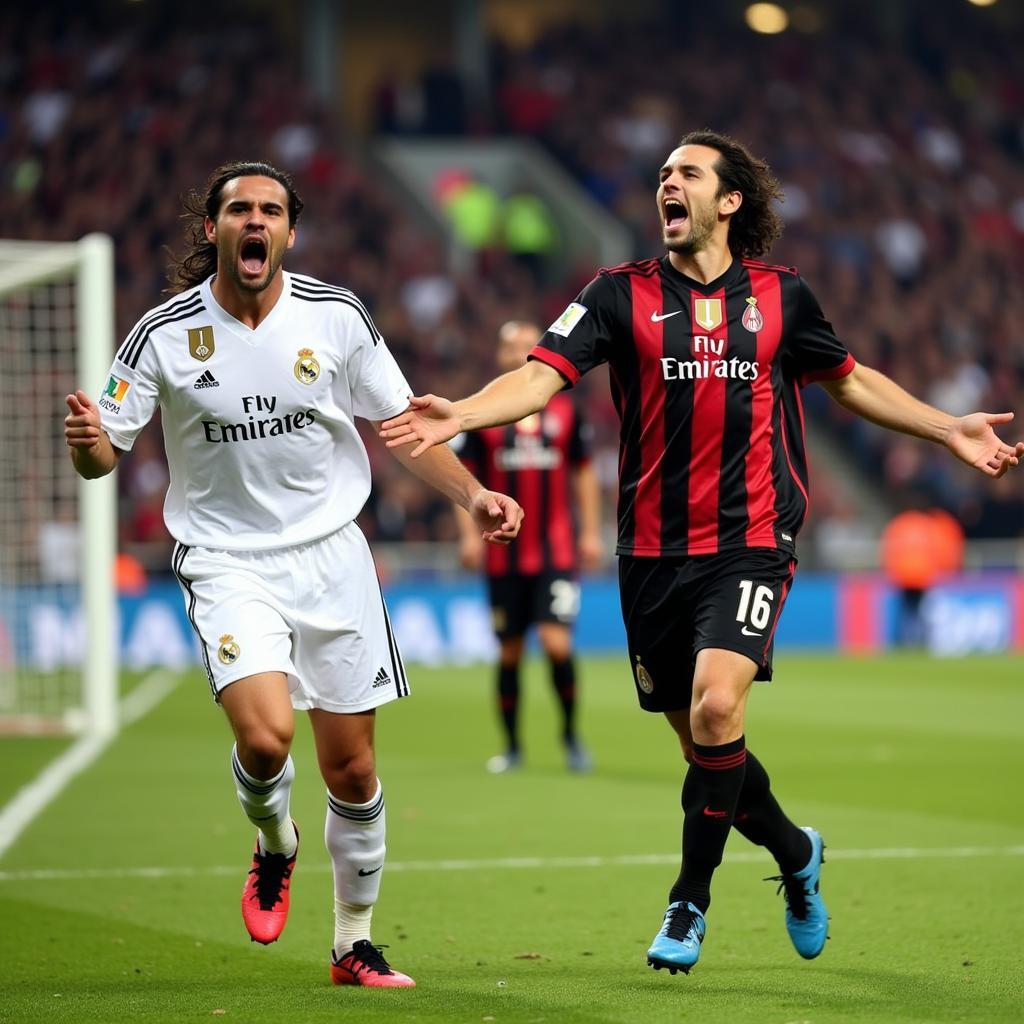 Kaka celebrating a goal in both Real Madrid and AC Milan shirts.