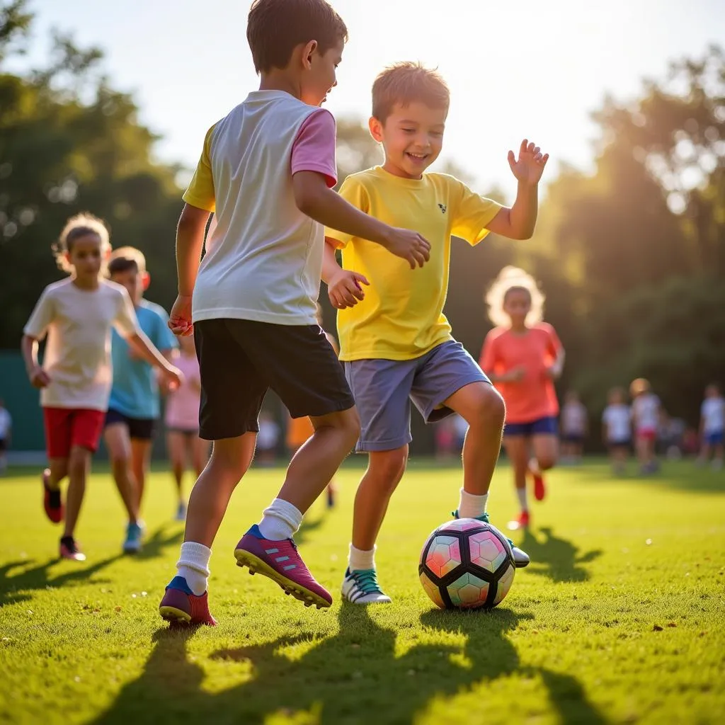 Group of kids joyfully playing soccer, wearing Haaland football boots.