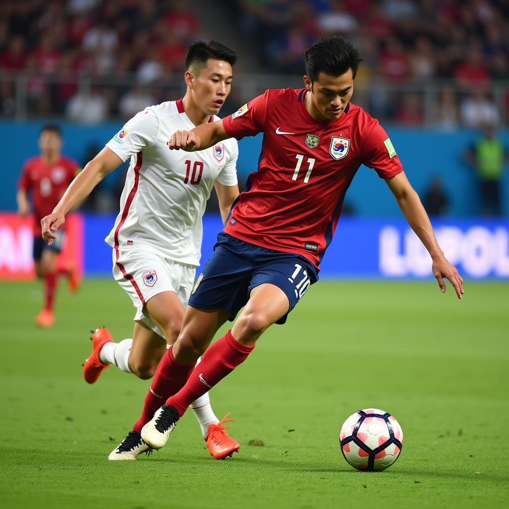 Kim Min-jae holding off an attacker during a South Korea match