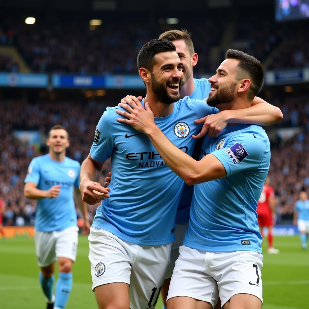 Kun Aguero celebrates a goal for Manchester City.