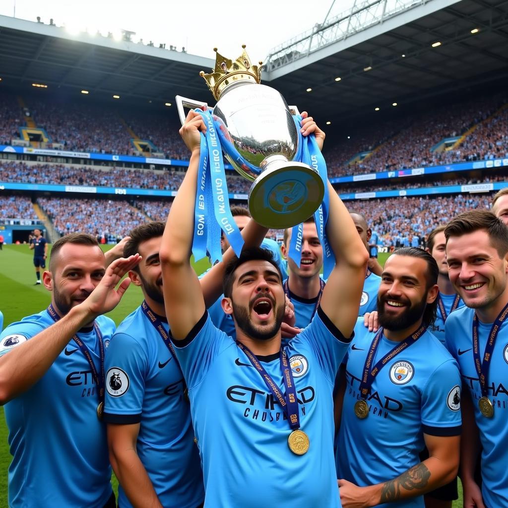 Kun Aguero lifts the Premier League trophy with Manchester City teammates.