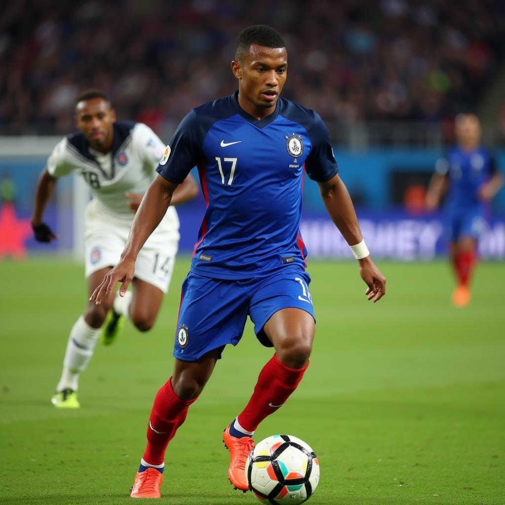 Kylian Mbappé dribbles past a defender with lightning speed