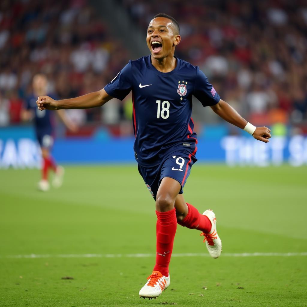 Kylian Mbappé celebrating a goal for France at the 2018 World Cup