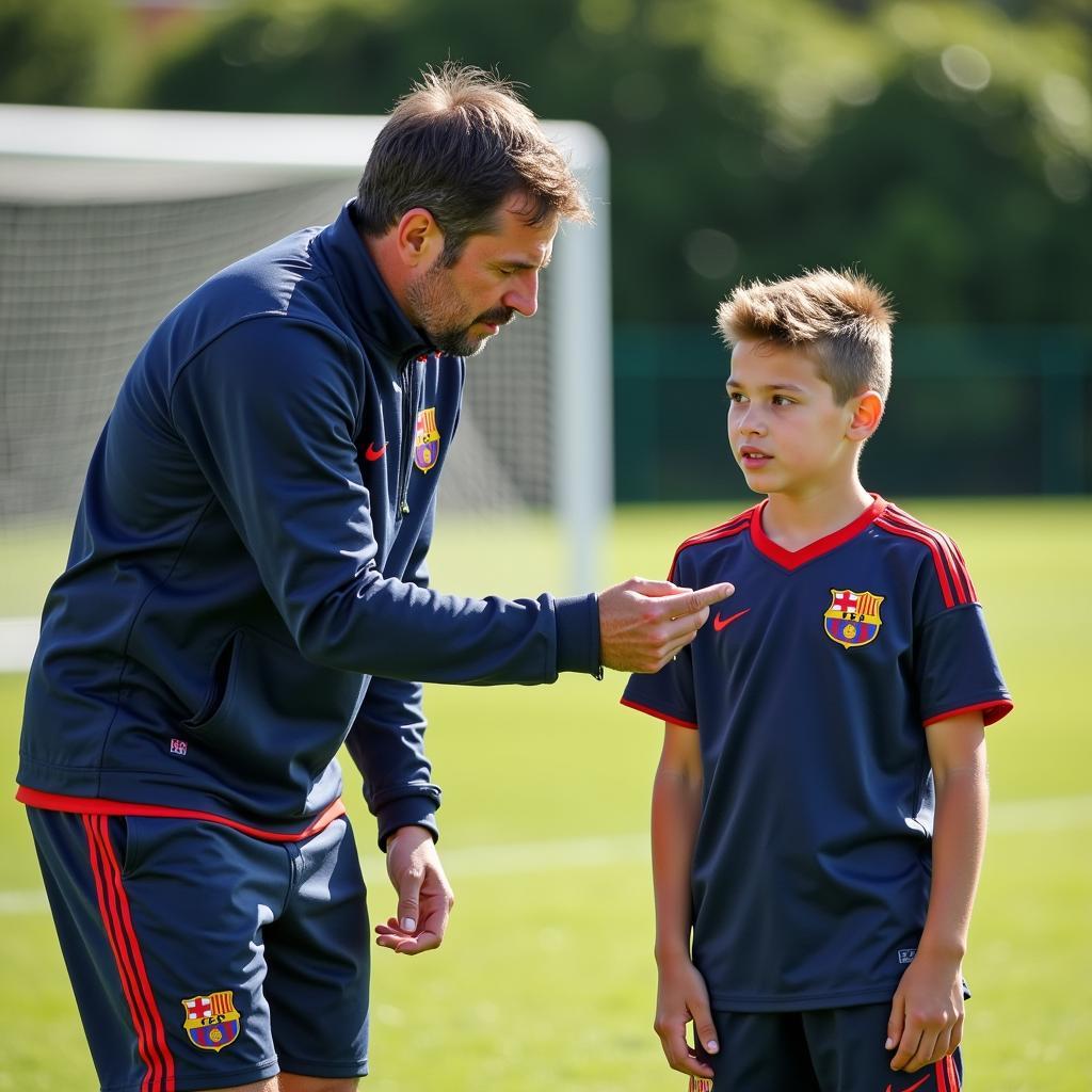 La Masia coach offering guidance to young player