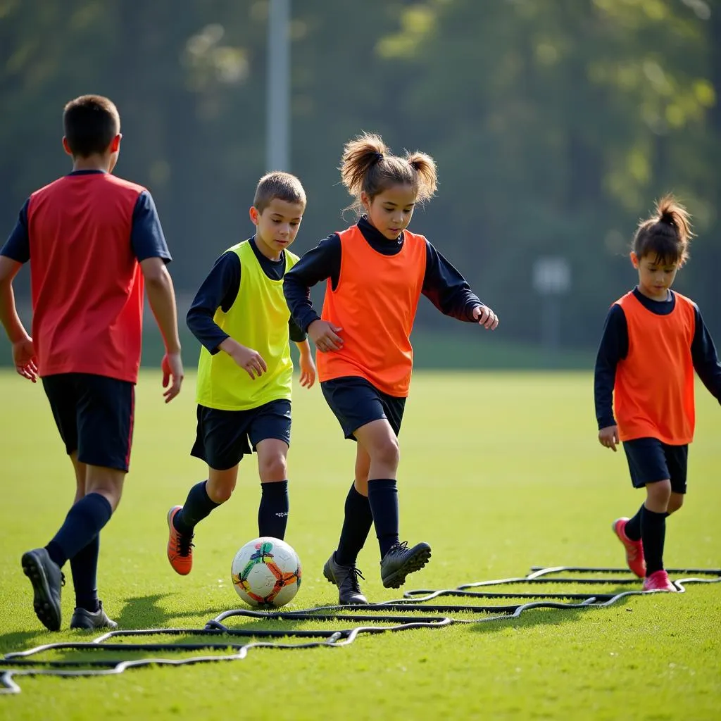 Young athletes performing ladder drills for agility