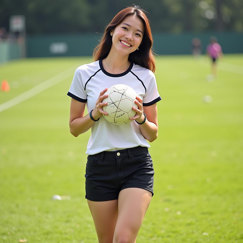 Lâm Chí Khanh holding a football, smiling at the camera