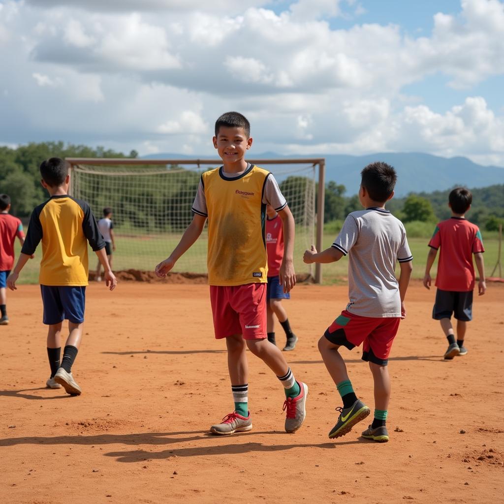 Young Lao players training on a dusty field