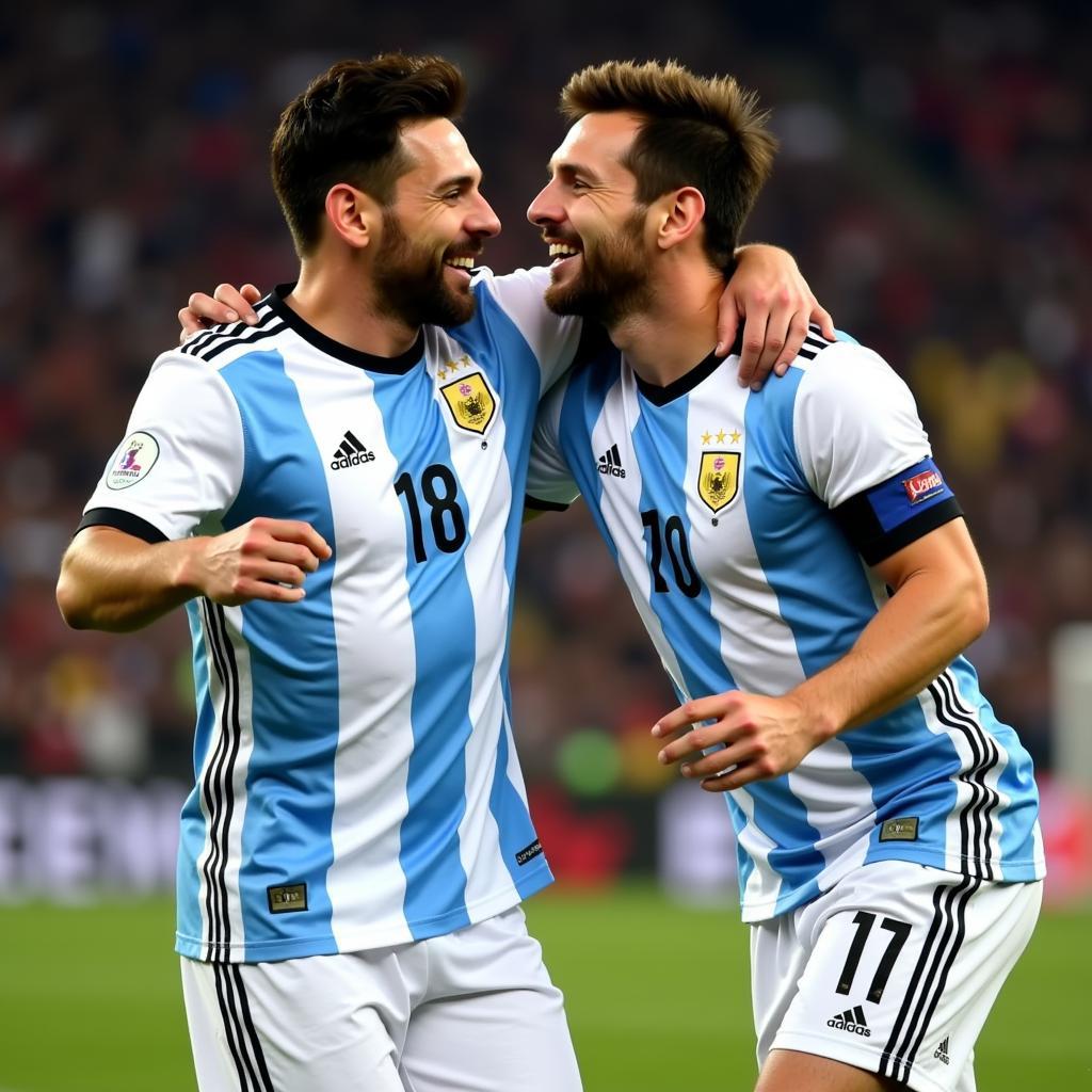 Lautaro Martinez celebrating a goal for Argentina with Lionel Messi