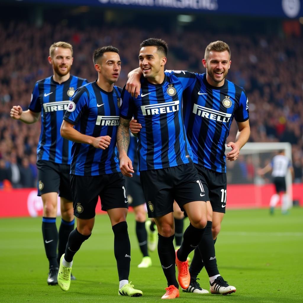 Lautaro Martinez celebrating a goal with Inter Milan teammates