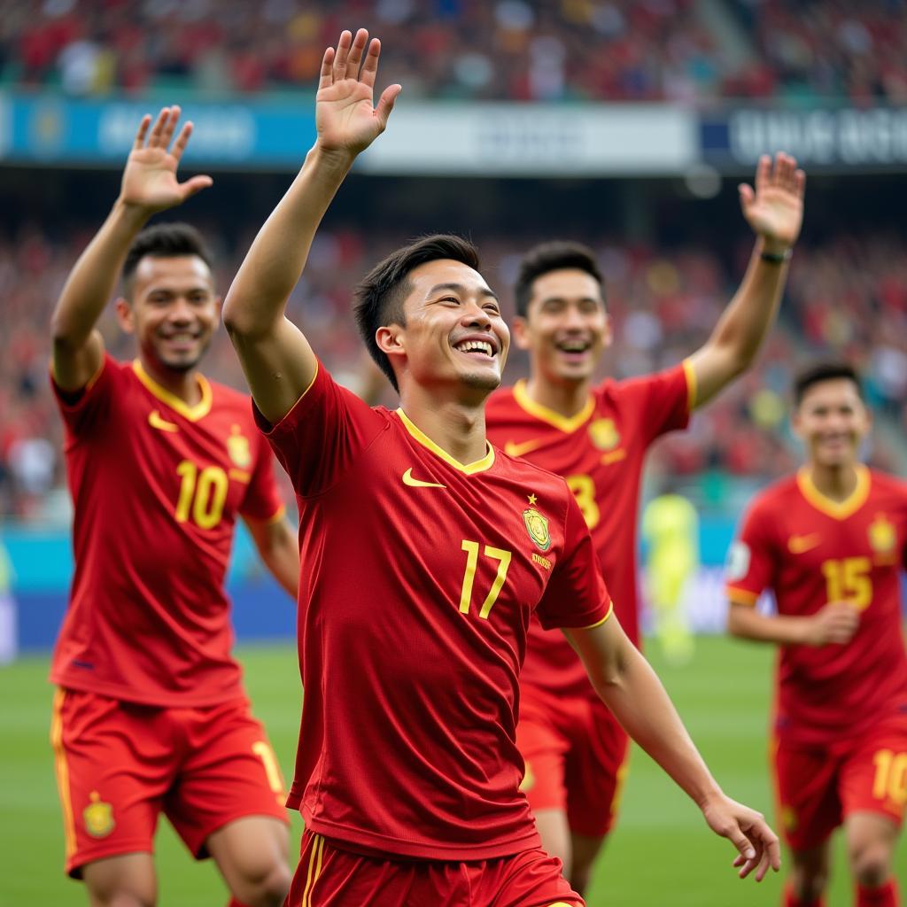 Le Thuy Hai celebrates a goal with his teammates