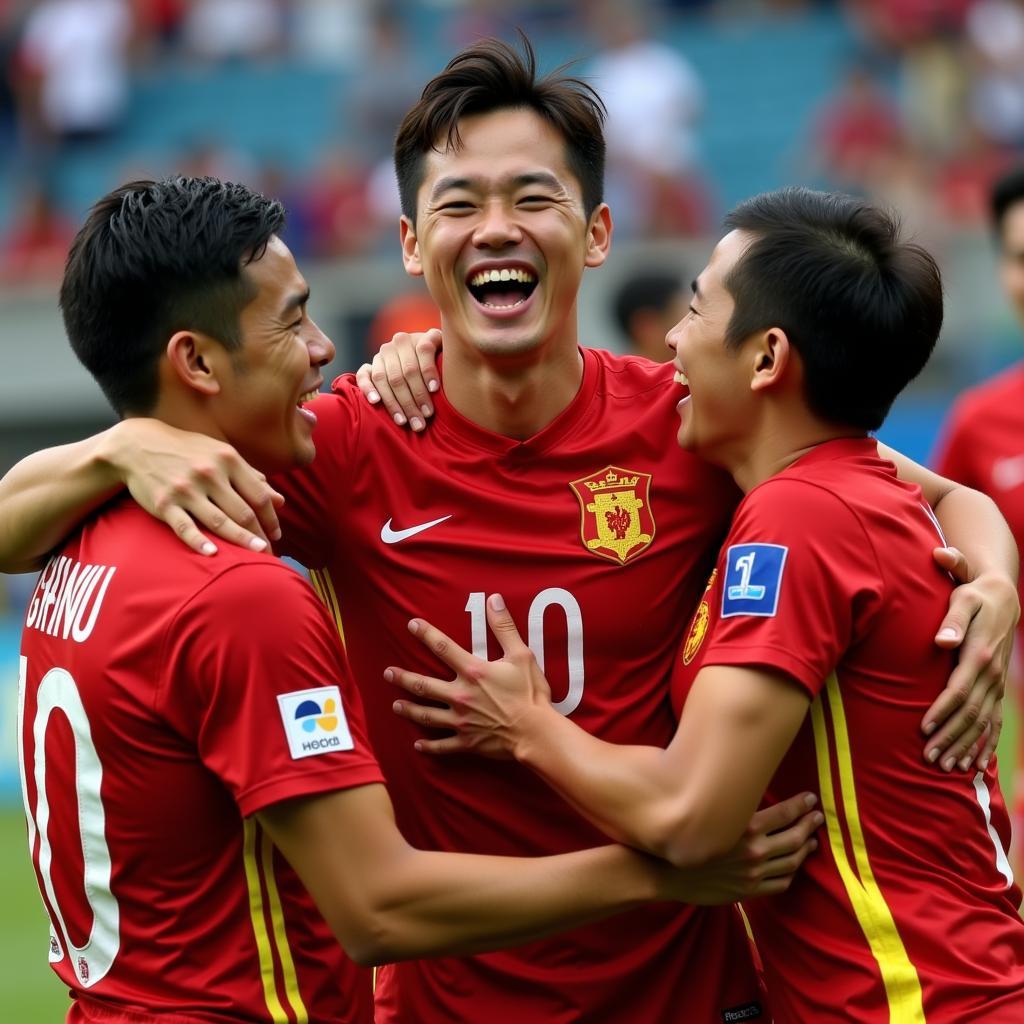 Lê Xuân Trường celebrating a victory with his Vietnam teammates