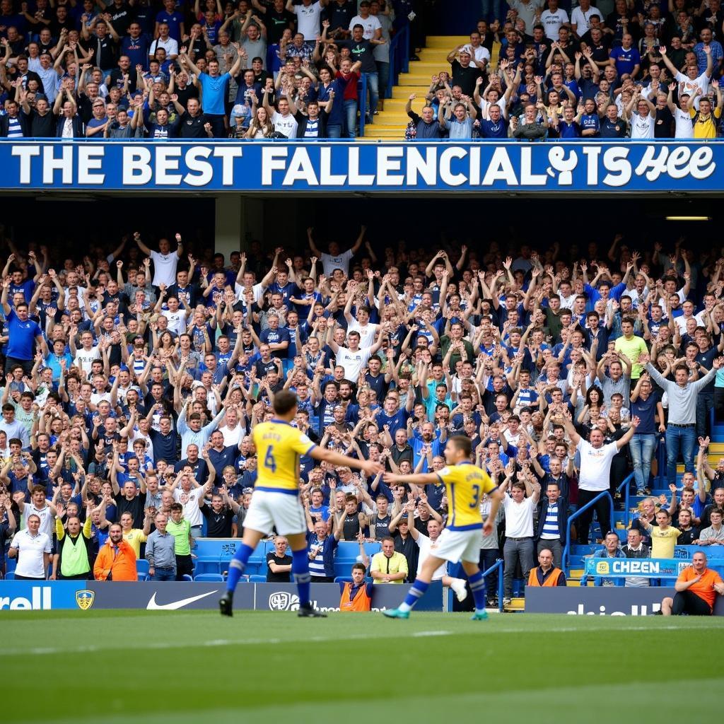 Leeds United fans celebrating a victory at Elland Road